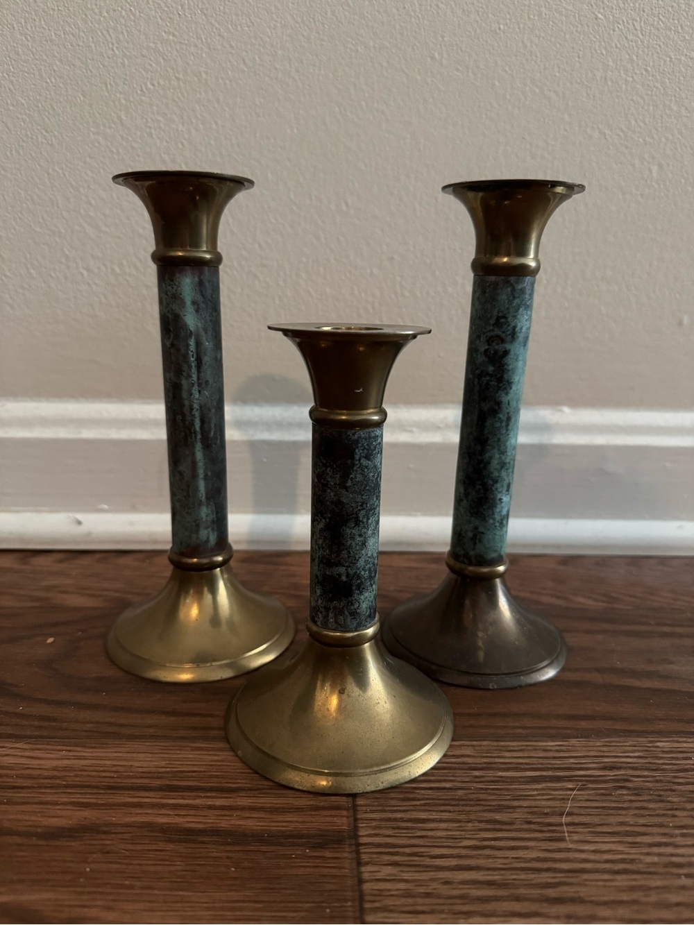 Brass & Green Candle Holders - Set of 3